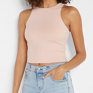 Express Body Contour Matte High Neck Cropped Tank Light Pink, size XS